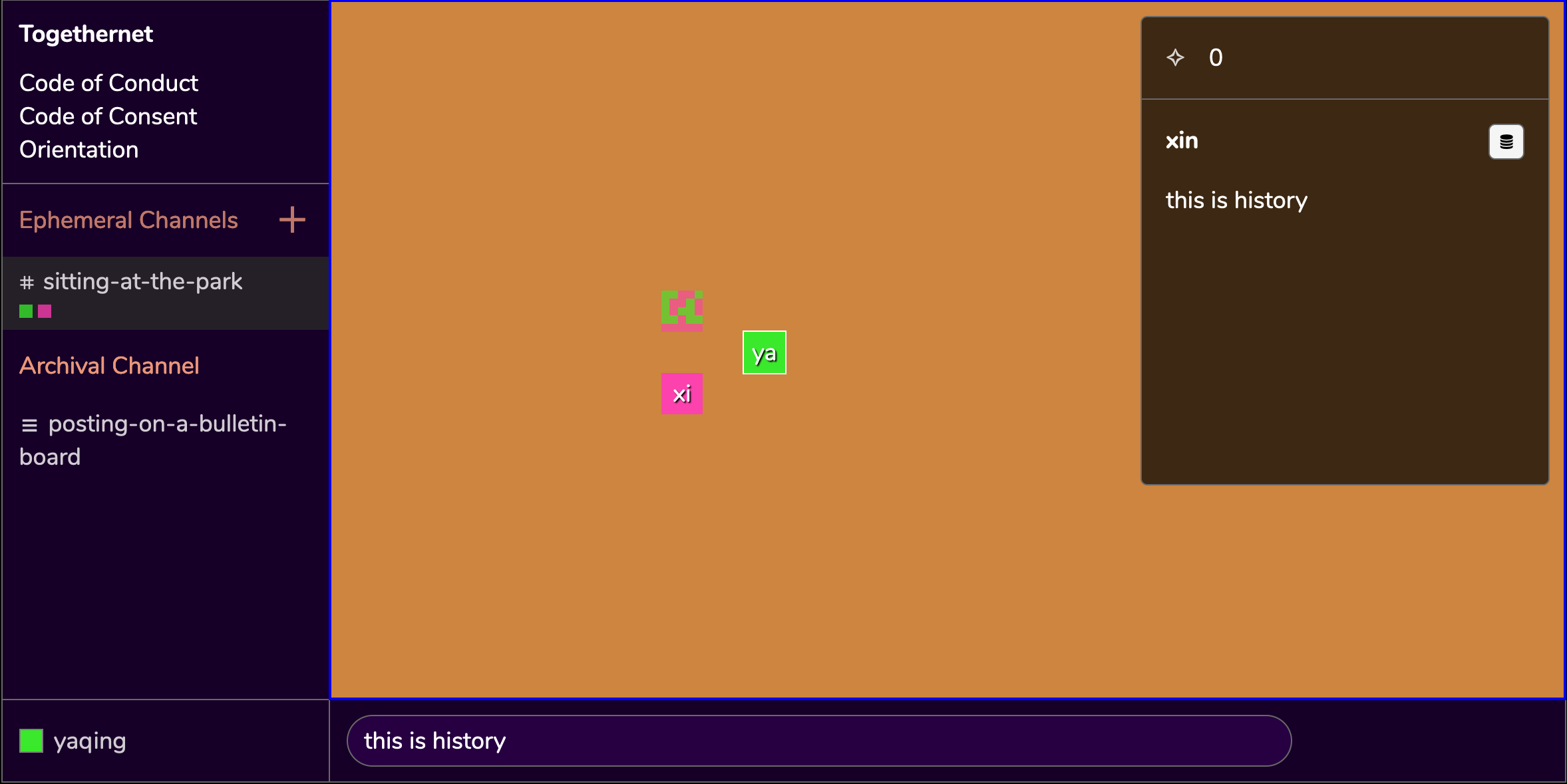 two avatars appear on the TogetherNet interface. Yaqing appears as a bright green square and Xin appears as a bright pink square in the orange navigation space. A message record – 'this is history' written by xin has been archived. The archived message record appears as a square overlaid by a mosaic pattern interlaced with bright pink and green tiles, indicating yaqing and xin's co-authorship of the message.