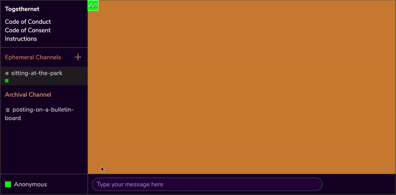 an 'Anonymous' square avatar appears in the navigation space of the TogetherNet interface. Clicking on the word 'Anonymous' on the bottom left panel prompts open a dialogue box that lets the participant change the name of their avatar.