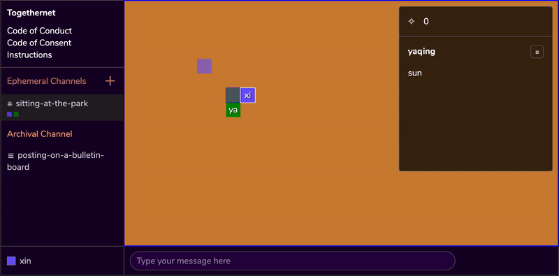 xin's avatar neighbors one side of yaqing's square message record, which opens the conversation panel, revealing 'sun', the content of yaqing's message record. xin types 'ether' into the message input field, which creates a thread that replies to yaqing's message.