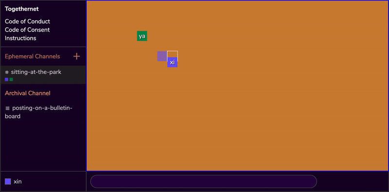 xin's purple square avatar moves around a message record, which appears as another square in a darker shade of purple. Whenever xin's avatar is neighboring one of the four sides of the message record square, a conversation panel pops up on the right hand side and reveals the content of the message record – 'let's write a poem about the weather'.