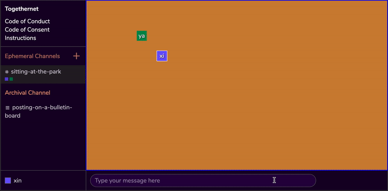 a user avatar named 'xin' and a peer avatar named 'yaqing' hang out in the navigation space of the TogetherNet interface. In the message input field, xin writes 'let's write a poem about the weather'.